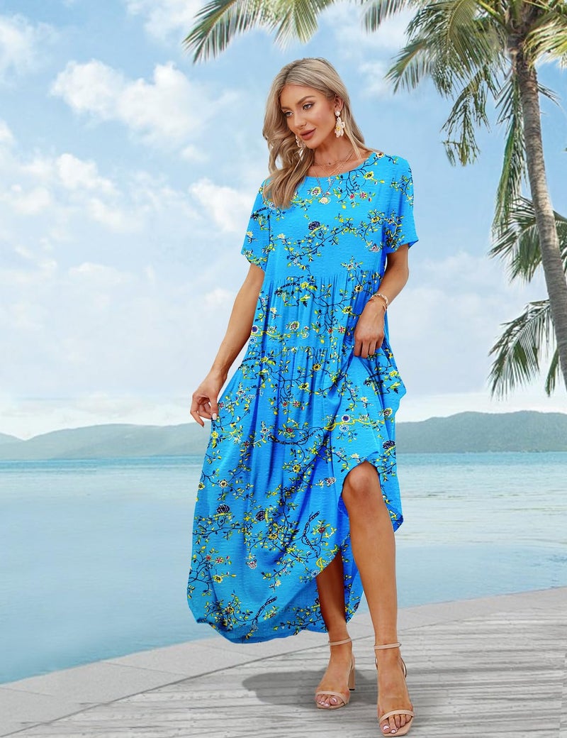 YESNO Women Casual Loose Bohemian Floral Dress with Pockets Short Sleeve Long Maxi Summer Beach Swing Dress 2XL EJF CR44 Blue/Yellow - Image 5